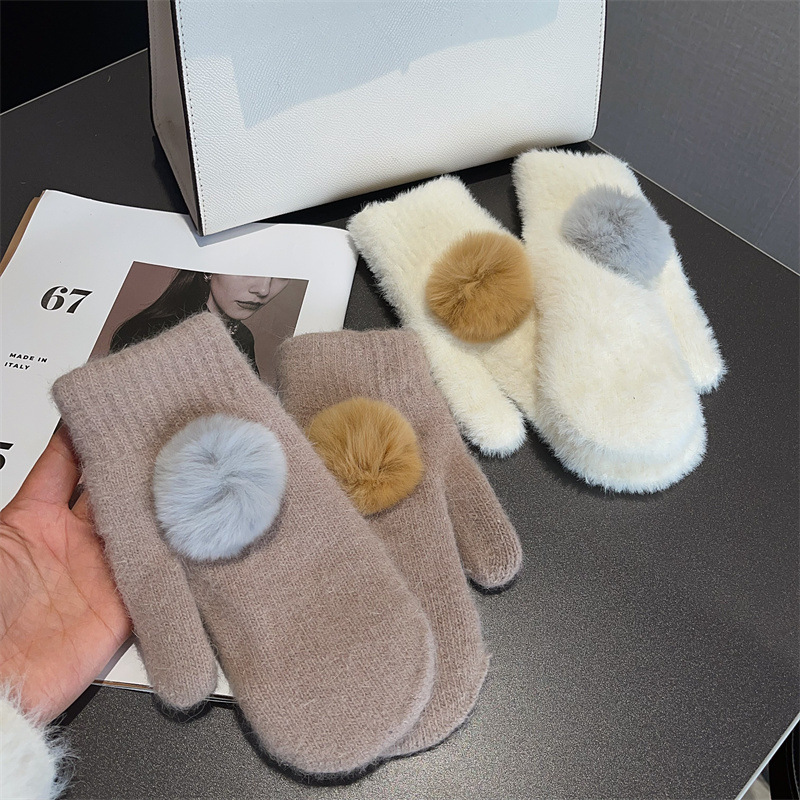 Gants en laine à cinq doigts pour femmes en laine à boules de poils, nouveaux modèles d'automne et d'hiver en cachemire à écran tactile, empilés et épaissis_voghion.com
