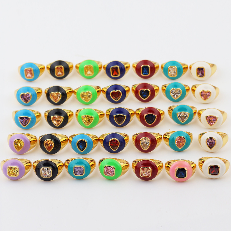 Retro Square Heart Shape Copper Open Ring Inlay Zircon Copper Rings