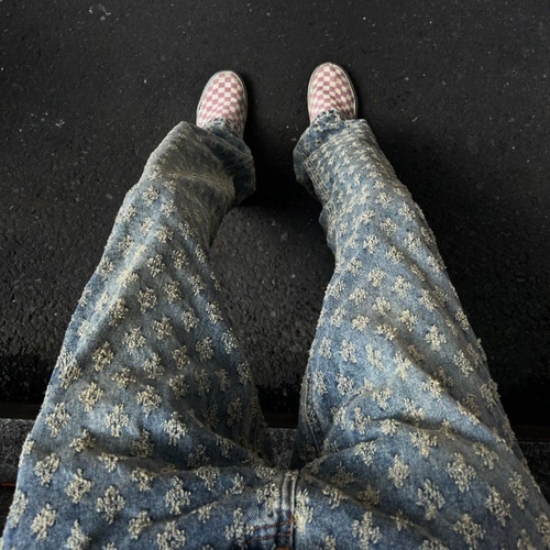 Urban streetwear hip-hop pants trendy brand cool and stylish men's brocade full print jeans slimming tapered straight-leg pants