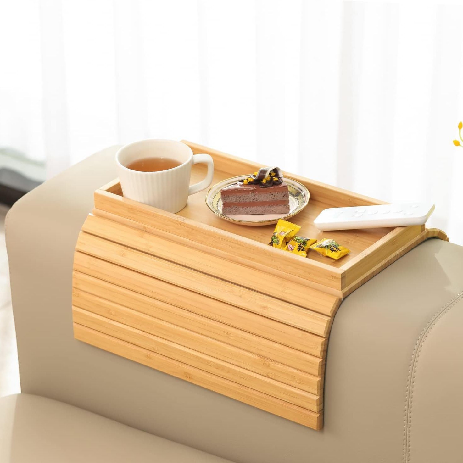 Sofá de madera sólida reposabrazos bandeja casa sala de estar cocina café perezoso con ranura lateral sofá reposabrazos bandeja image 1
