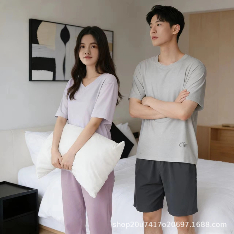 Dropshipping [Modal+Cotton] Couple's Men's Pajamas and Homewear Set, Soft Camellia Antibacterial Short-Sleeve Women's
