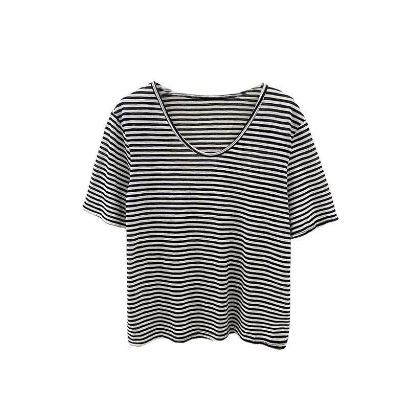 Camiseta de rayas de manga corta de cuello en U para mujeres 2026 verano nuevo estilo coreano suelto delgado hombro superior estudiantil camiseta universal