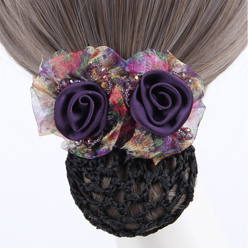 High-end Elegant Double Flower Hairnet Spring Hairpin Female Back of the Head Bun Bun Hairpin Net Bag Middle-aged Head Flower 
