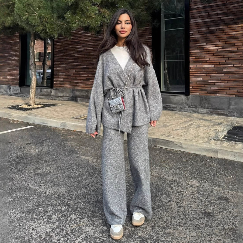 Amazon Cross-Border 2025 Foreign Trade Women's Autumn New Ribbed Lazy Style Sweater V-Neck Tie Loose Long Pants Amazon Cross-Border 2025 Foreign Trade Women's Autumn New Ribbed Lazy Style Sweater V-Neck Tie Loose Long Pants
