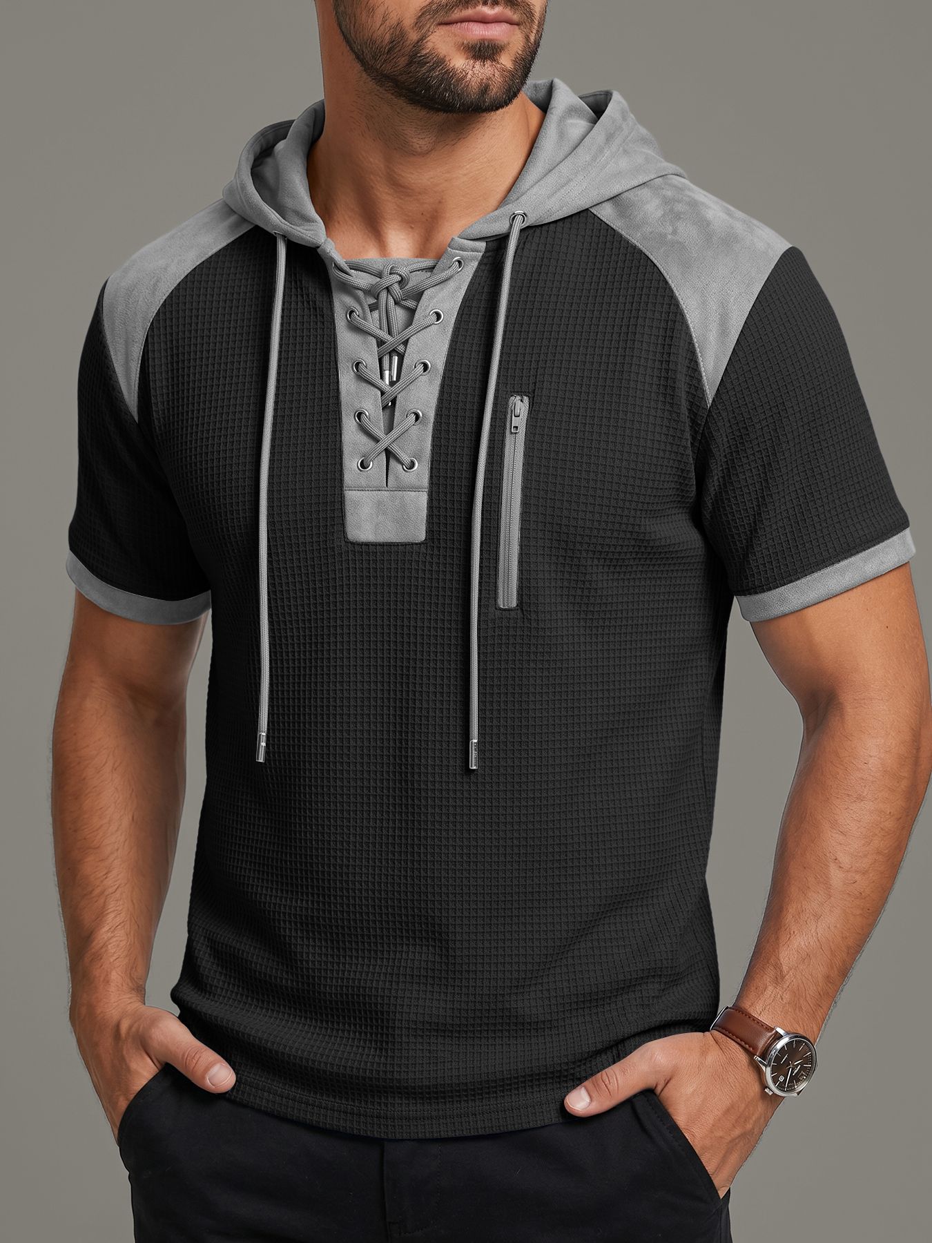 Estación independiente europea y americana encapuchada camiseta Henry de manga corta TK tamaño europeo correa de correa de correa deportiva de comercio exterior Casual camiseta hombre
