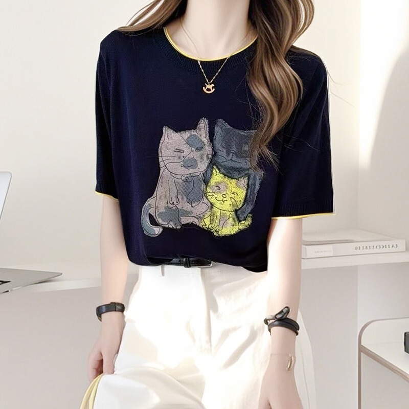 Summer New Fashion Versatile Cartoon Cat Round Neck Short-Sleeved T-Shirt Women's Loose Slimming Look Top Thin Knitwear