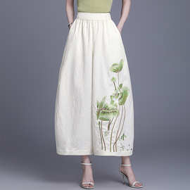 2026新款刺绣提花国风阔腿花苞裤女宽松休闲裤松紧腰百搭九分裤子