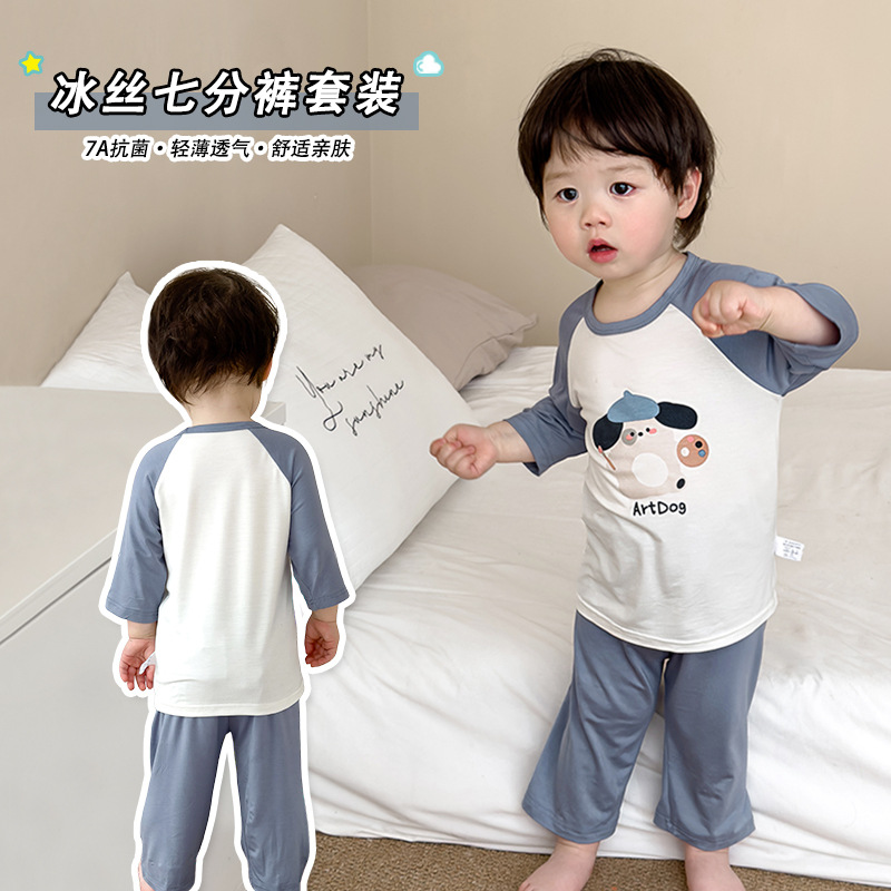 Summer Children's Pajamas suit Ice Silk 7A Bacteriostatic Breathable Boys and Girls Color Insertion Girls Thin Cool Feeling Home Clothes