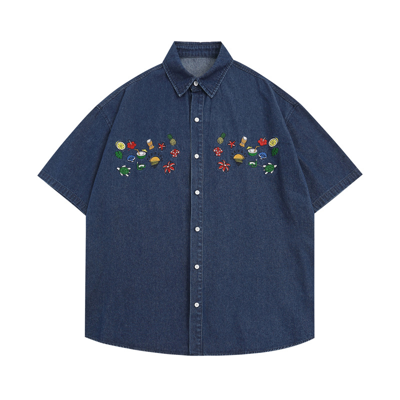 American Retro Fun Pattern Embroidered Denim Short-sleeved Shirt for Men and Wom