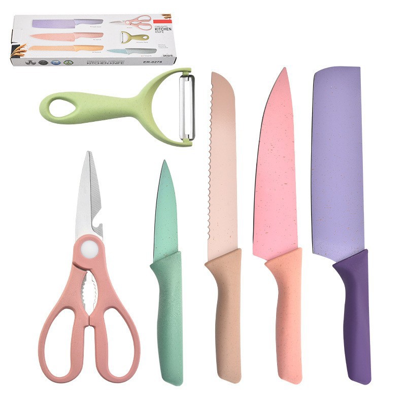 cubiertos de paja de trigo seis piezas con cubierta de cuchillo tijeras macarón color cocina cuchillo conjunto de cocinero de acero inoxidable 7