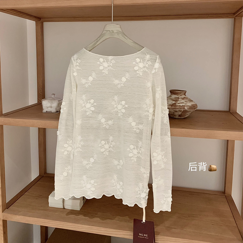WGWE7350手工蕾丝刺绣上衣内搭外穿花边打底长袖针织衫|undefined