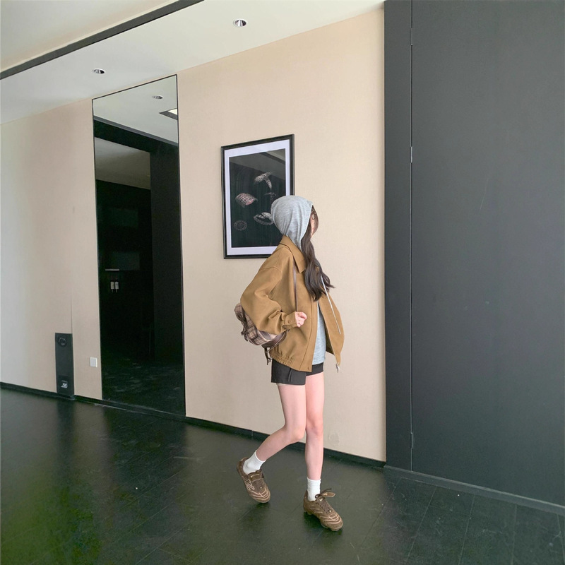 复古麂皮绒夹克长袖外套女2025秋季新款美拉德polo领宽松拉链上衣|undefined