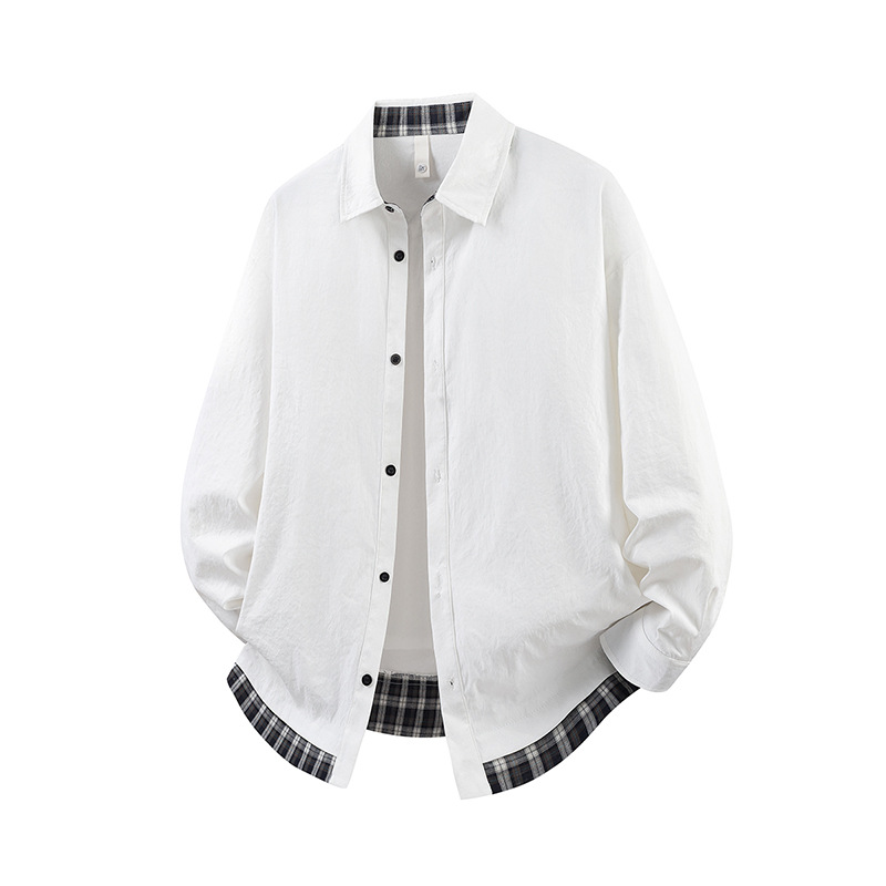 Faux two-piece plaid patchwork top, loose-fitting couple shirt, stylish and cool outerwear, spring and autumn men's American casual shirt