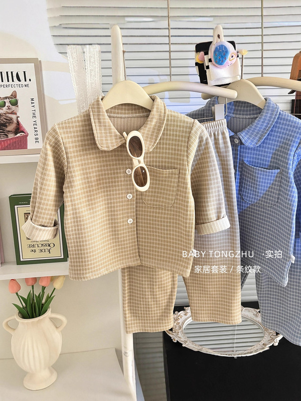2025秋冬儿童睡衣套装韩版女童简约格子家居服男童翻领开衫两件套|undefined