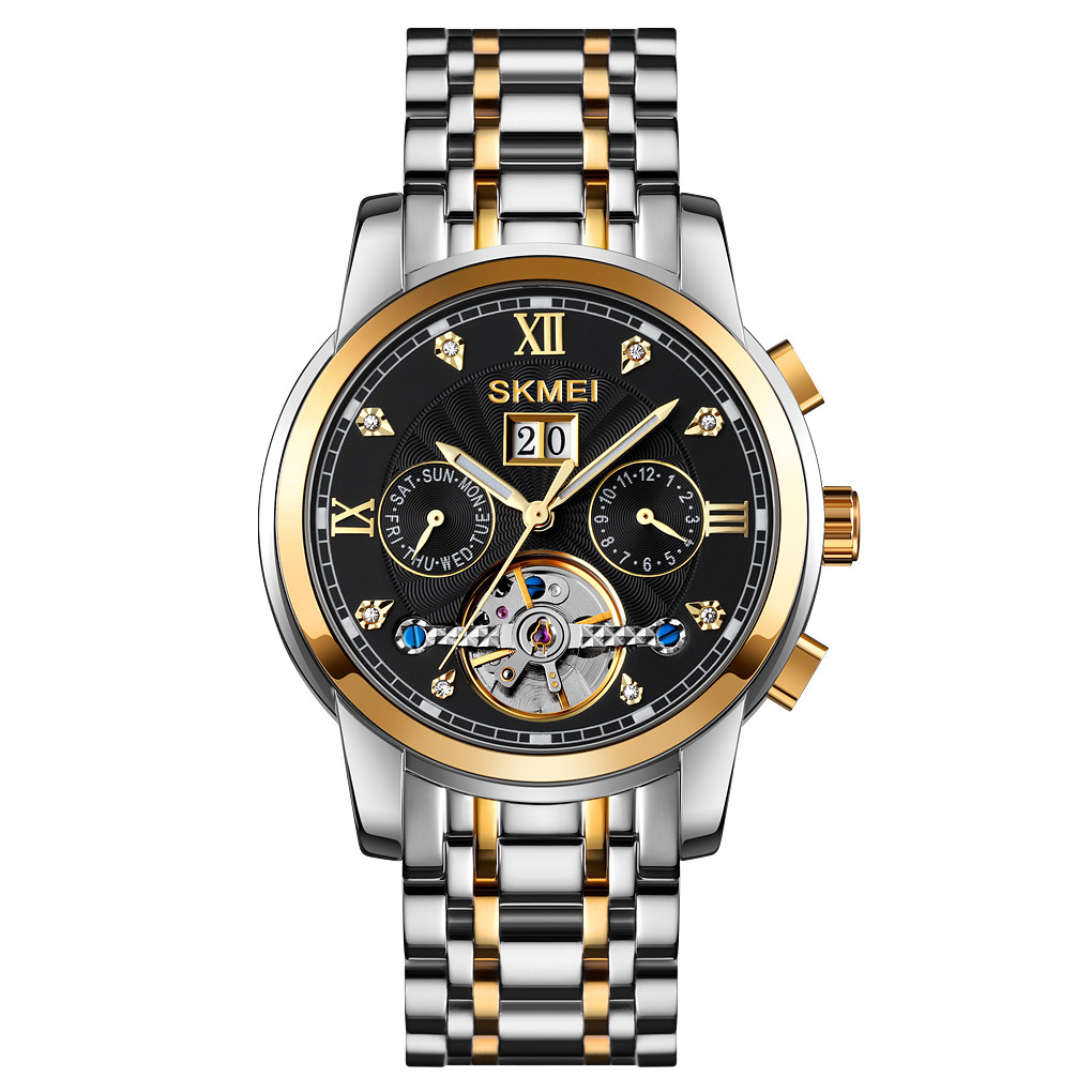 Momento de los relojes mecánicos huecos de volante calendario multifuncional impermeable relojes de pulsera de hombre comercio exterior lote mixto lote personalizado