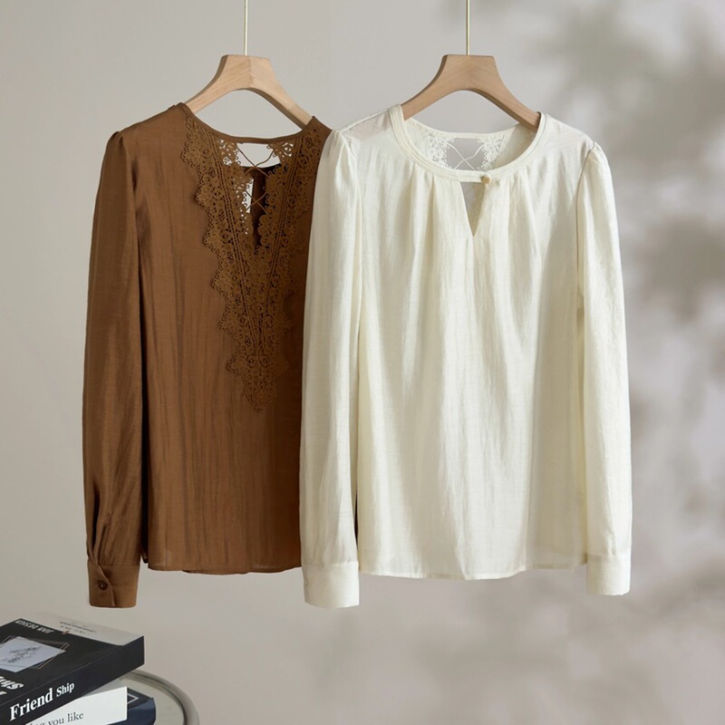 Endi Hollow Out French Style Long Sleeve Women's Shirt 2026 Spring Lace Back Panel High-End Top