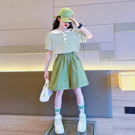 女童套装夏季2025新款儿童韩版条纹上衣洋气女大童短袖童装两件套