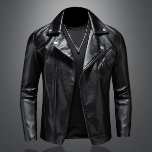 Men's Fashionable Korean Style Handsome Imitation Leather Jacket Vertical Collar Slant Zipper Slim-fit Riding Suit Locomotive Jacket Spring and Autumn