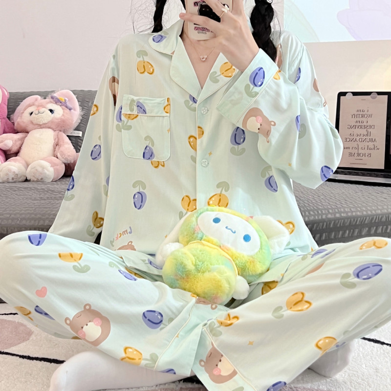 Pajamas cotton silk Women's Spring and Autumn long-sleeved trousers suit printed fresh sweet Net red style outerwear homewear
