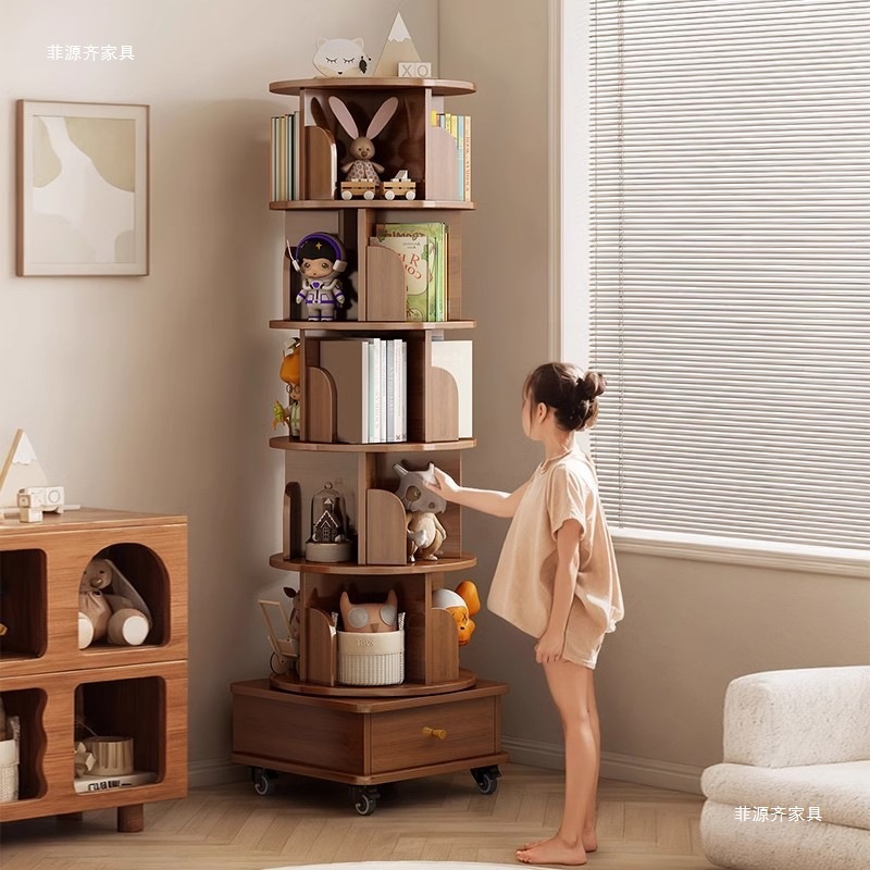 Rotating Bookshelf Floor-Standing Storage Rack Creative Picture Book Rack Household Removable 360-Degree Bookcase Small Wheeled Cabinet