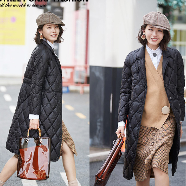 유럽 역 새로운 4 층 마름모 유럽과 미국 세트 칼라 얇은 무릎 위 긴 슬림 핏 슬림 다운 재킷 여성 코트