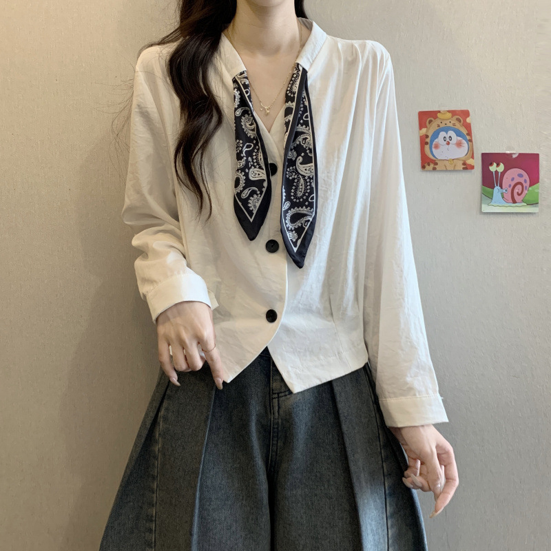 2025新款早秋女装丝巾绑带领结衬衫胖MM气质收腰外套女开衫A6651|undefined