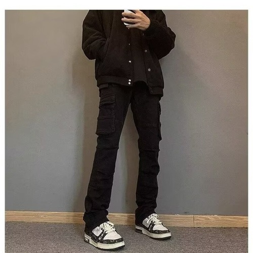 Straight-leg, slightly flared, plus-size workwear pants—unisex, American-style retro casual trousers with a low-rise, pear-shaped fit