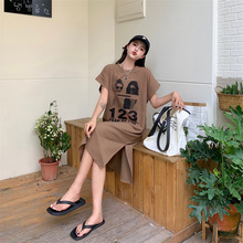 韩式印花开叉长款短袖T恤女夏季新款宽松显瘦时尚潮流连衣裙女潮