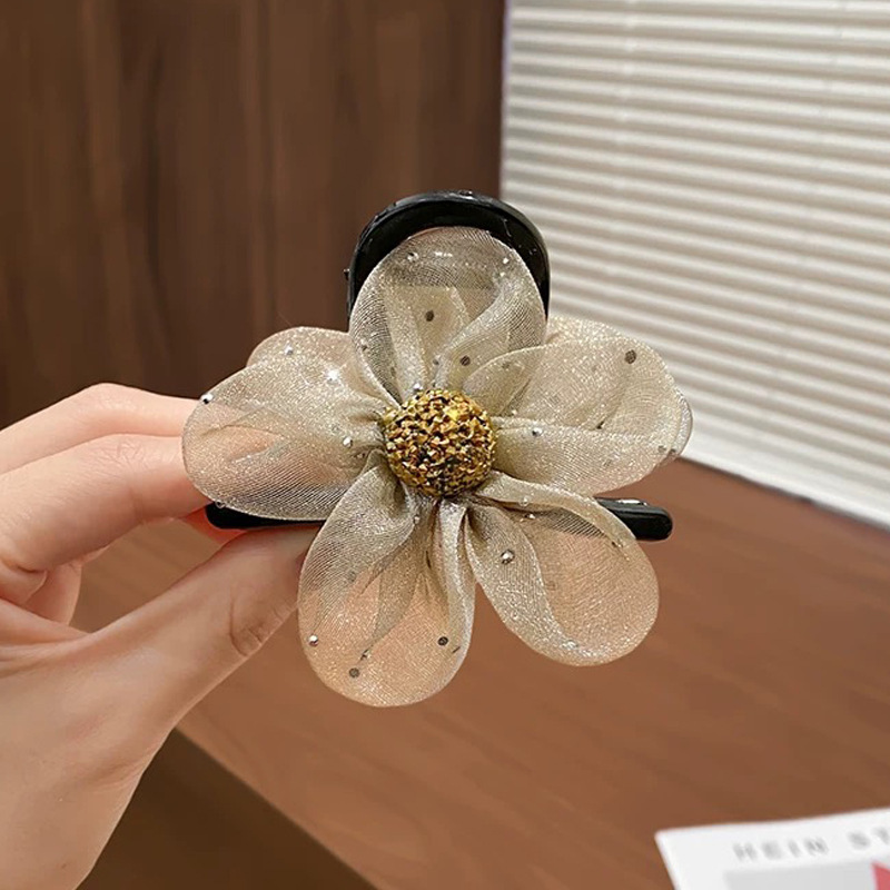 ラインストーンフラワーグリッターメッシュヘアピン新しいサメクリップ女性のハイエンドバブルヘアピンインターネットセレブホットスタイル|undefined