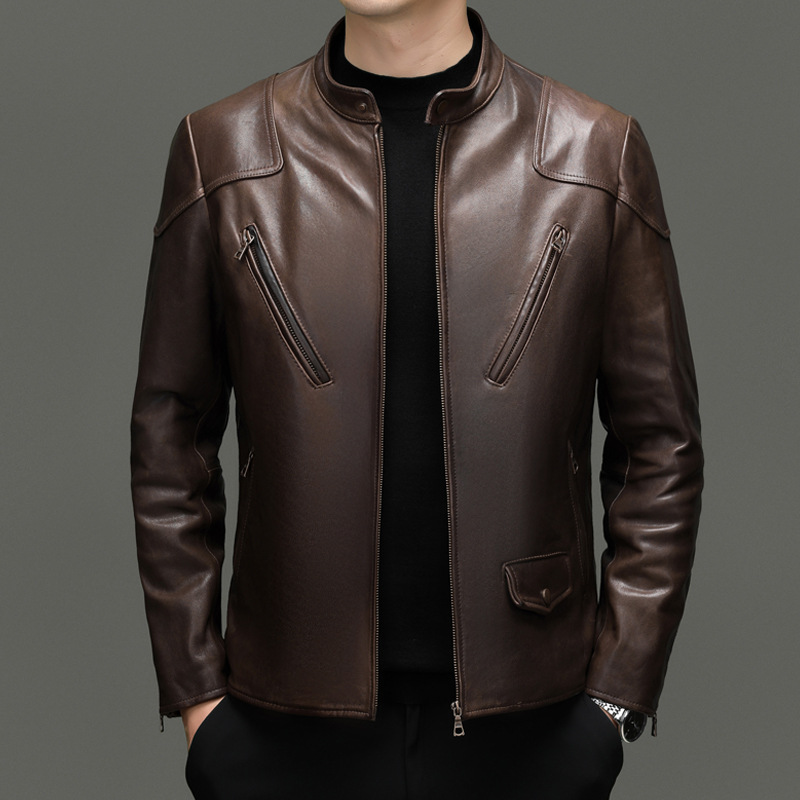 真皮油蜡牛皮水洗工艺时尚潮流机车服男士皮夹克外套秋冬皮衣