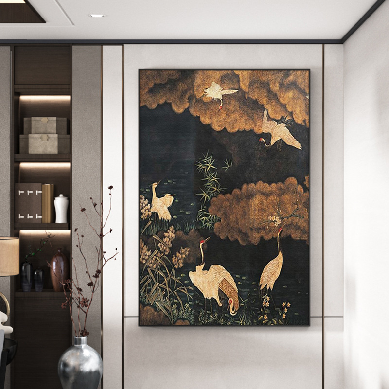 复古新中式客厅中堂装饰画仙鹤古典沙发背景墙中古风玄关装饰挂画