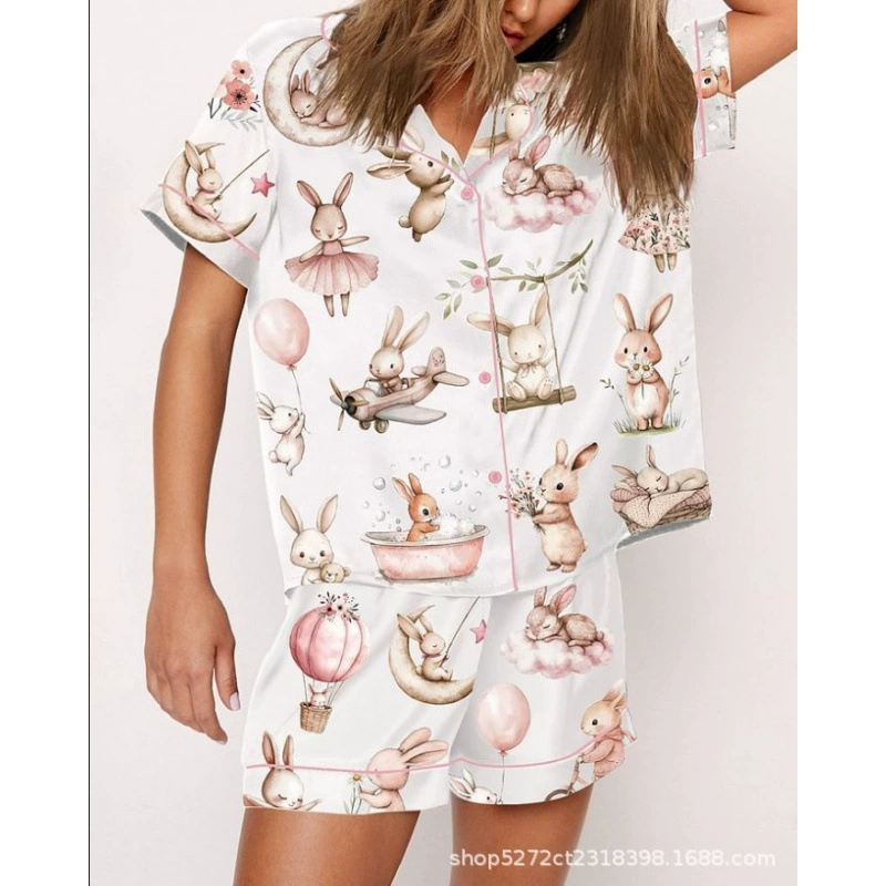 Летний комплект пижамы с лацканами в европейском и американском стиле, с принтом, для дома и отдыха, 2025 год, кросс-бордер