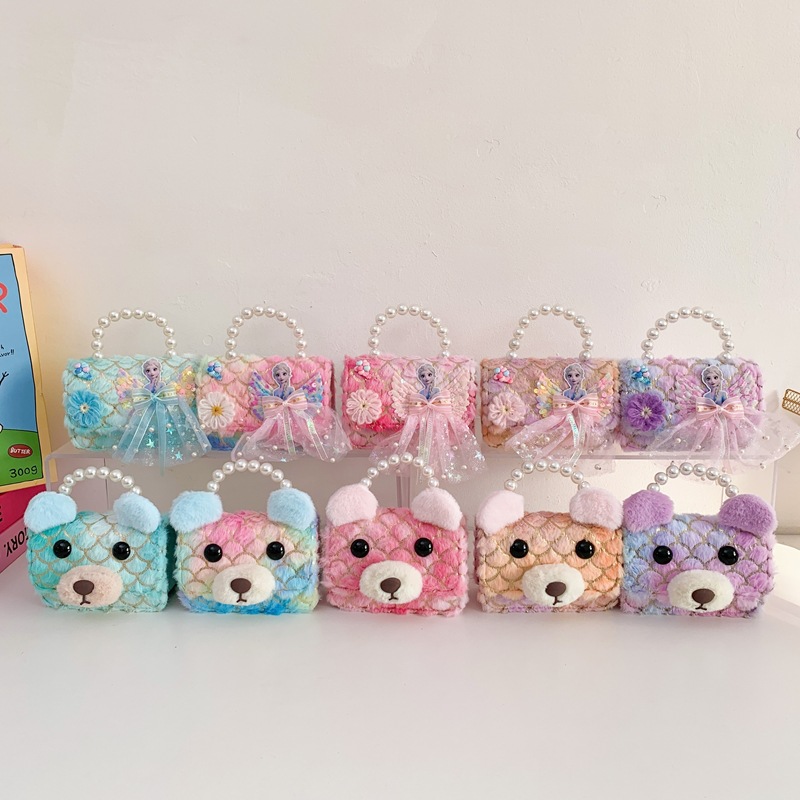 Bolsas de niños transfronterizas otoño y invierno nuevos lindos bolsos de peluche de perlas mini princesa bolsos de cadena de colores