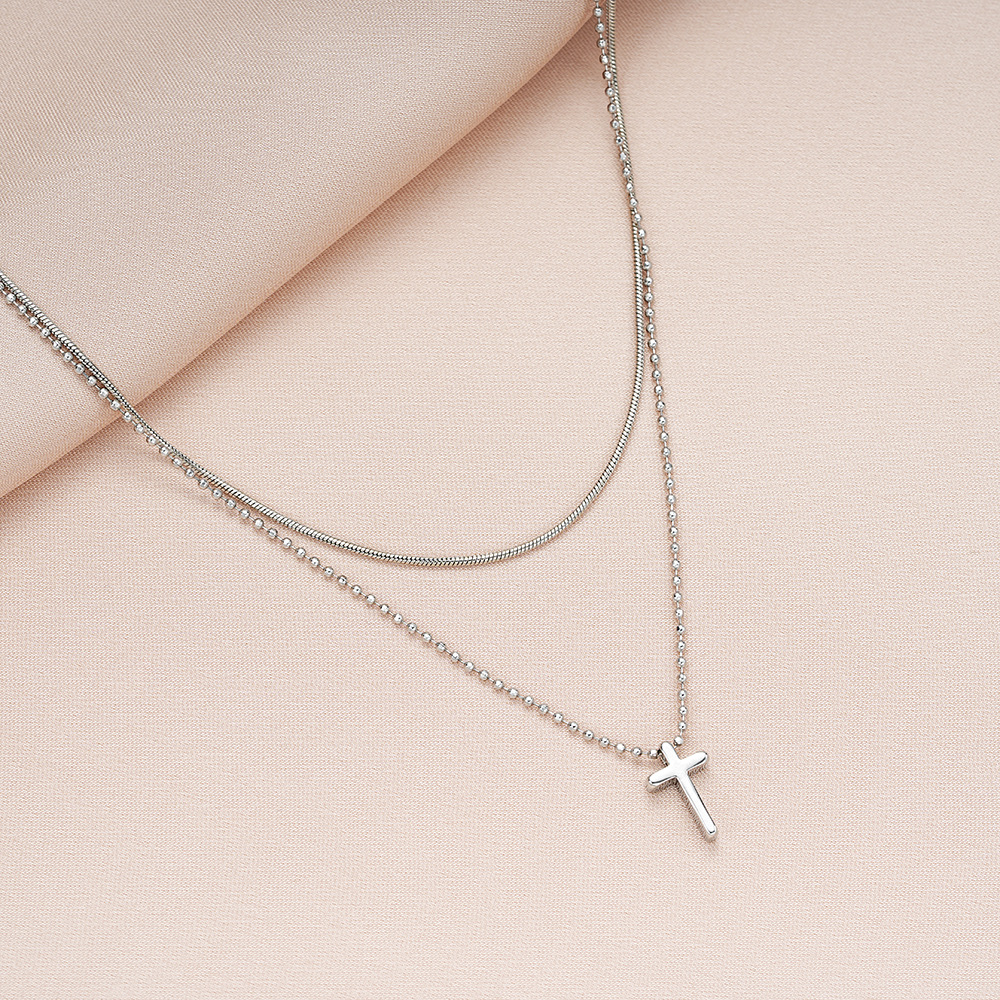 Cross Pendant Layered Necklace With Snake Bone Chain Style_voghion.com