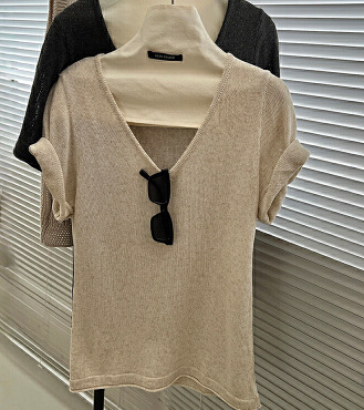 リネンニットTシャツレディース夏半袖Vネックゆったりカジュアルリラックスオールドマネースタイルシンプル右肩ハイエンドトップ|undefined