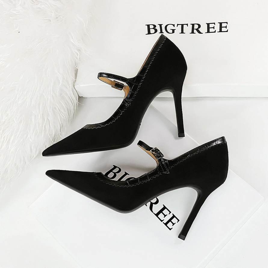 1198-6 Vintage European And American Style Black Heels, Thin Ultra High Heel, Suede, Shallow Mouth, Pointed Toe, Strap_vogvips.com