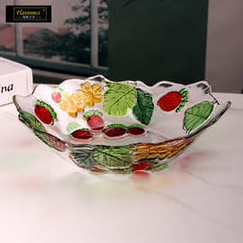 新款彩绘玻璃果盘精致彩色草莓糖果盘沙拉盘家用客厅茶几水果盘