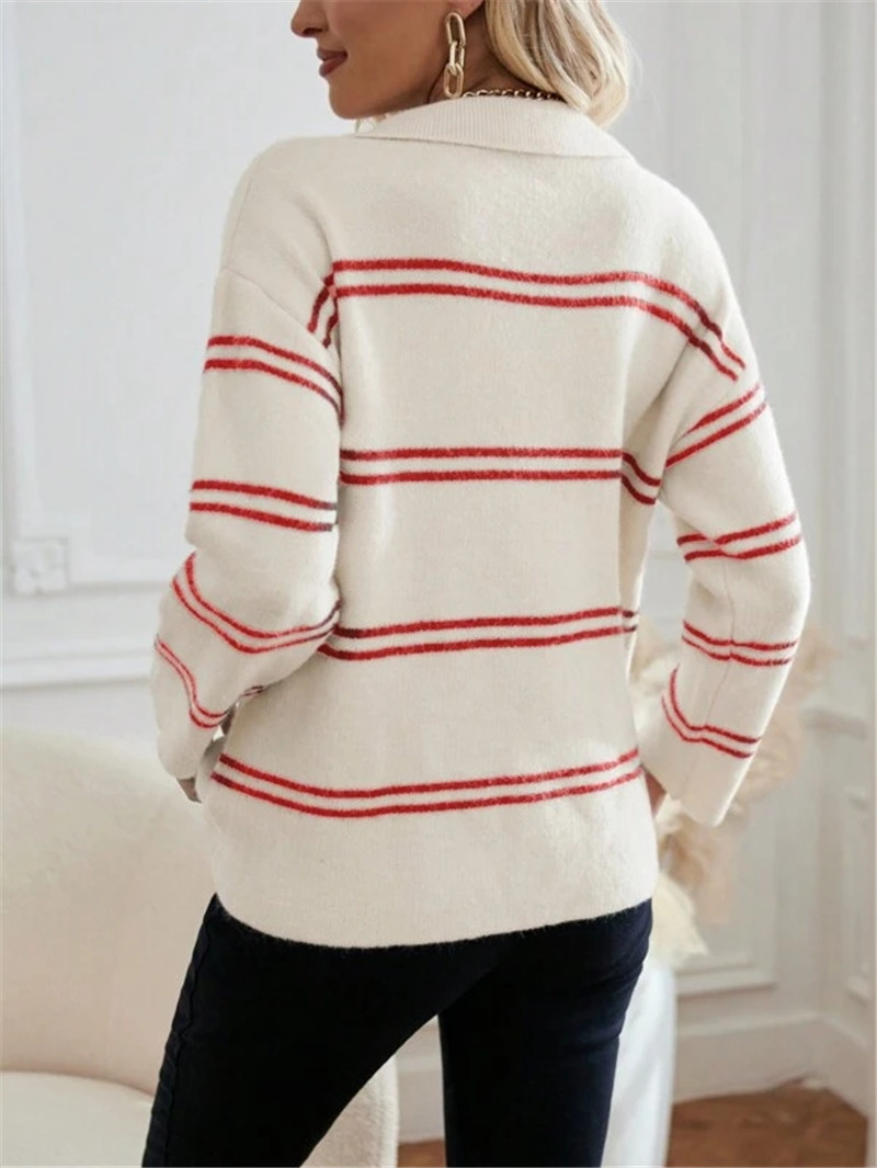 Women's Striped Polo Sweater – V-Neck, Contrast Trim, Long Sleeve (White/Black/Apricot/Red, S-L)_ecoleips.com