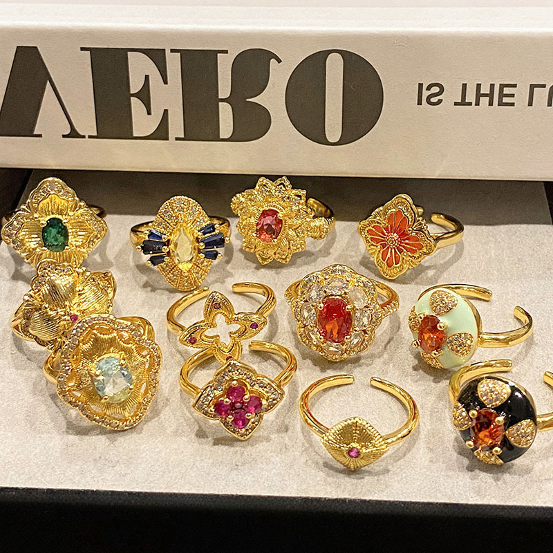 新款意大利宮廷風織紋四葉草輕奢雙色開口戒指金紅鑽拉絲戒指配飾