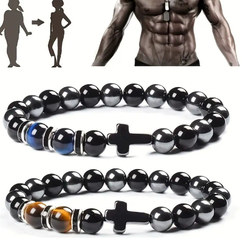 Temu Xiyin Tk Cross-Border Black Hematite Bracelet Tiger Eye Stone Men's Cross Bracelet Bead Color Bracelet