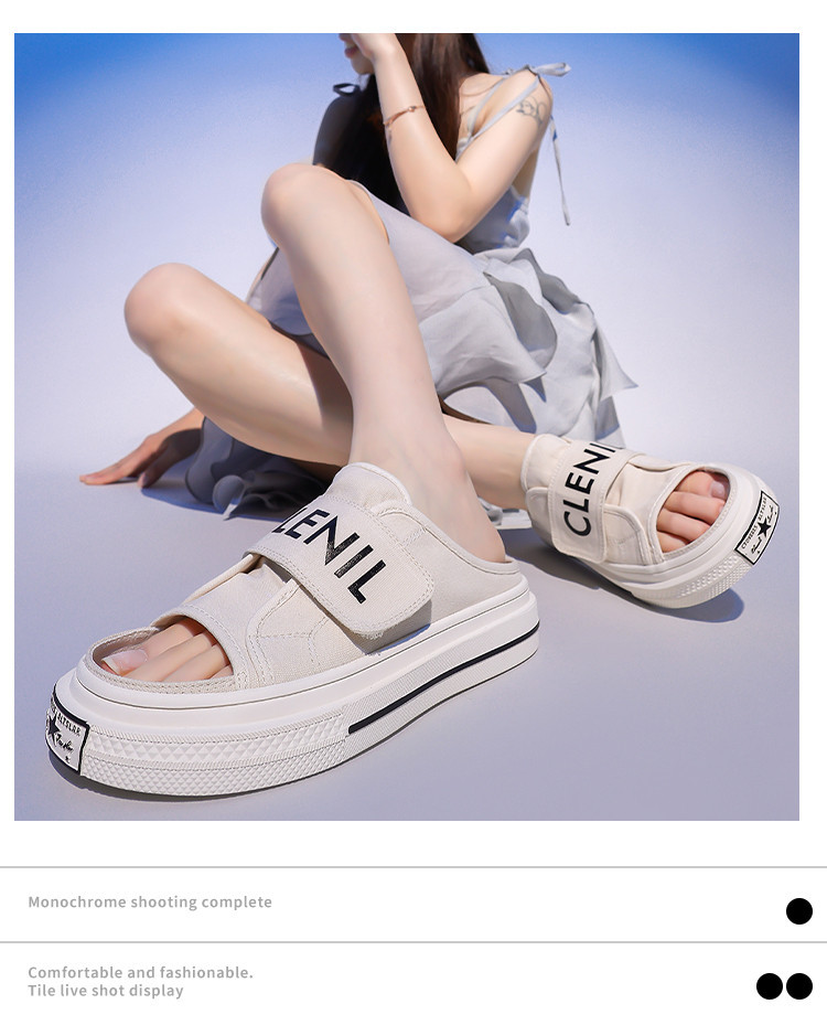 Canvas Slippers For Women Summer Flat Sandals With Velcro Strap_voghion.com