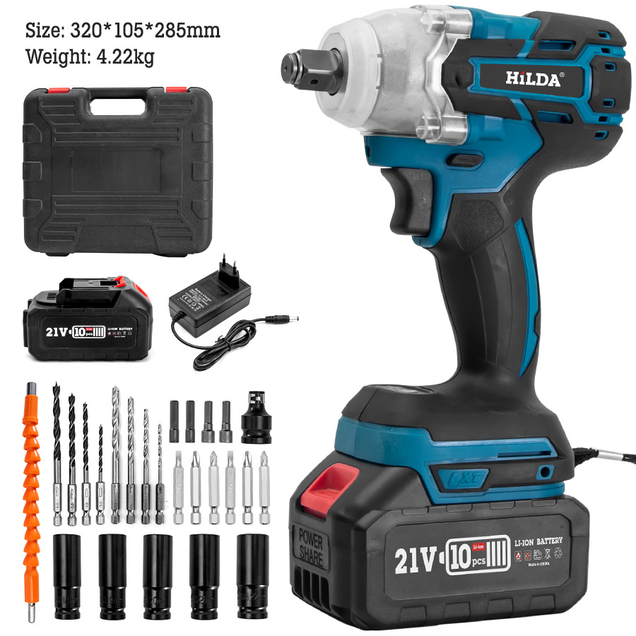 Hilda sin escobillas llave eléctrica de litio eléctrico de gran par recargable Llave de impacto reparación de automóviles herramientas de carpintería al por mayor