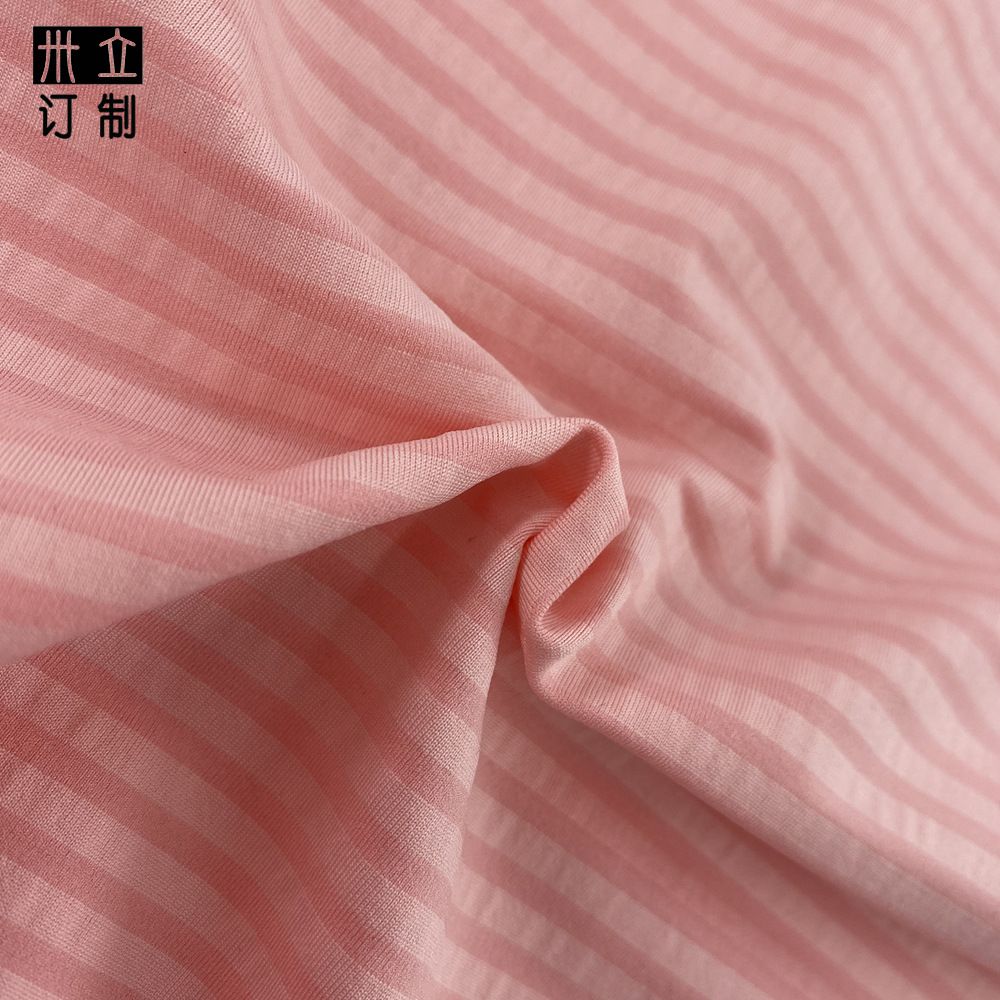 色织粉红细条子针织汗布全涤T恤休闲服高弹双面针织面料