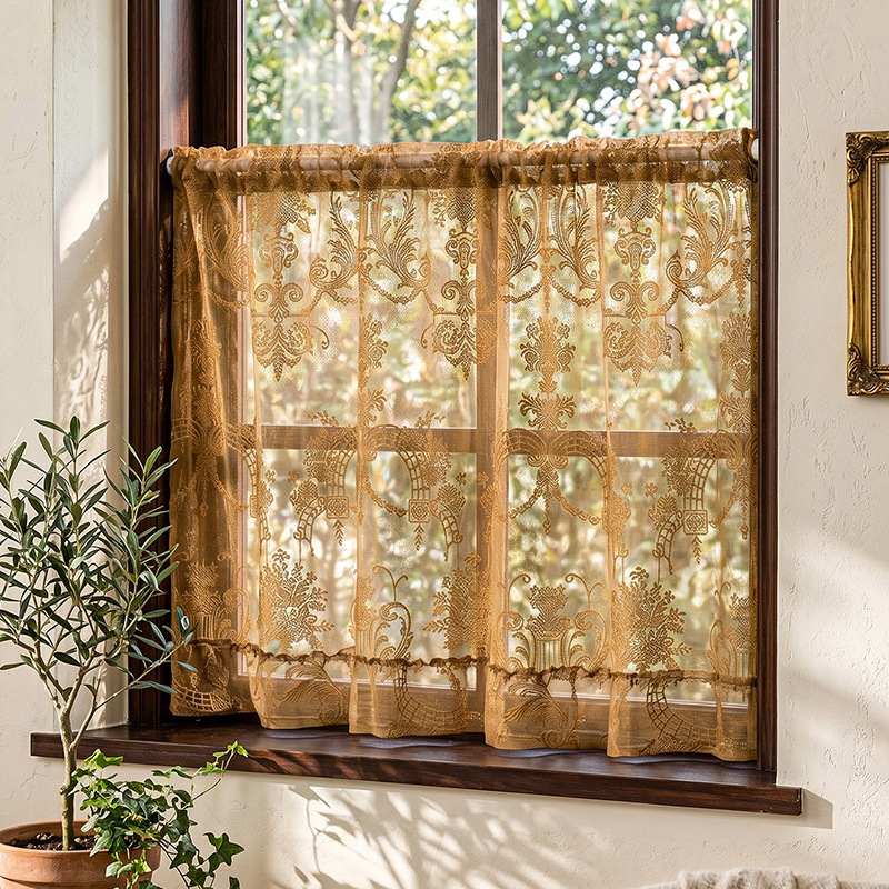 2026 New French Retro Cream Wood-Style Coffee Curtains for Living Room Balcony Bay Window Light-Transmitting Hollow Lace Window Sheer