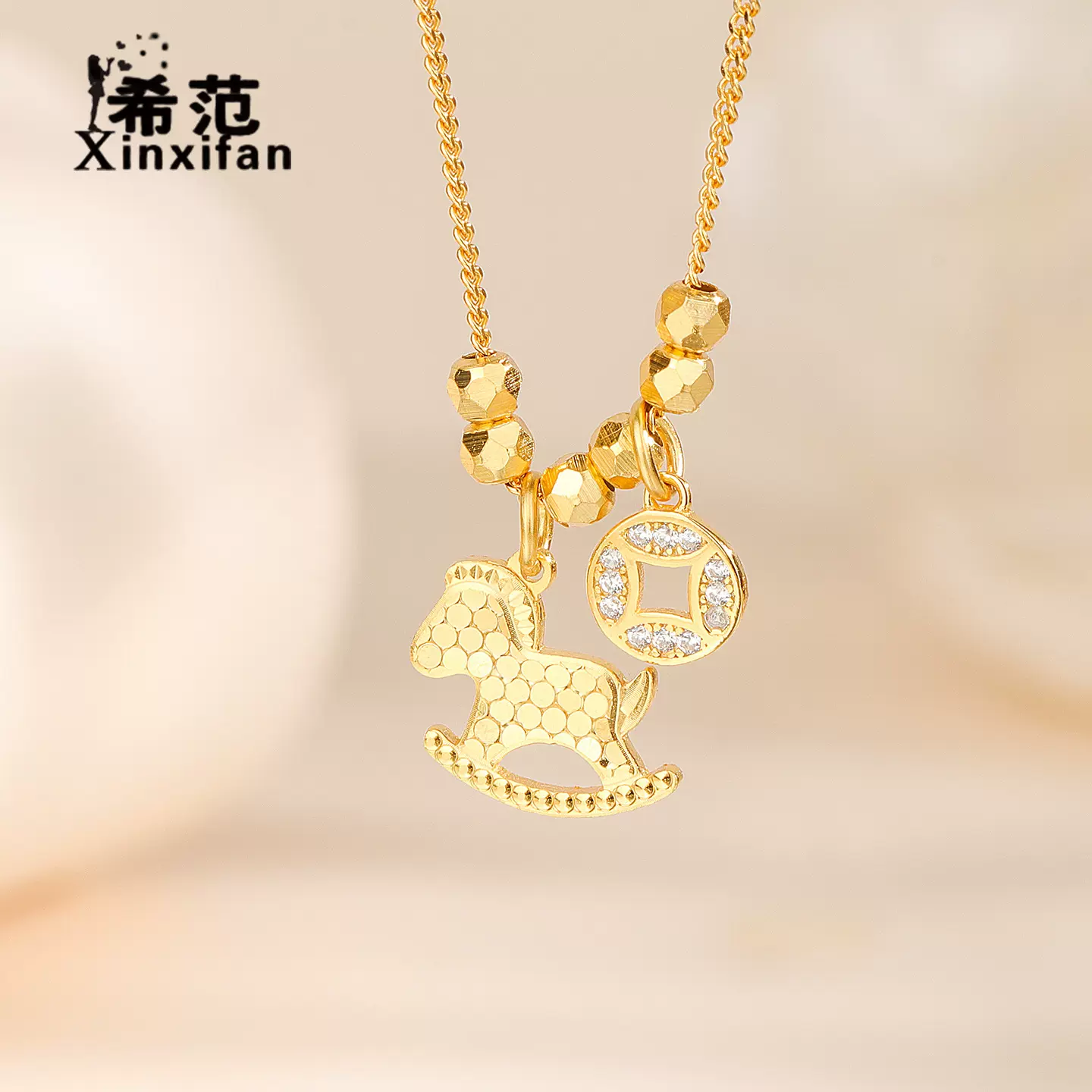 s925纯银马上有钱项链女CNC工艺爆闪碎冰冰摇摇小木马锁骨链马年