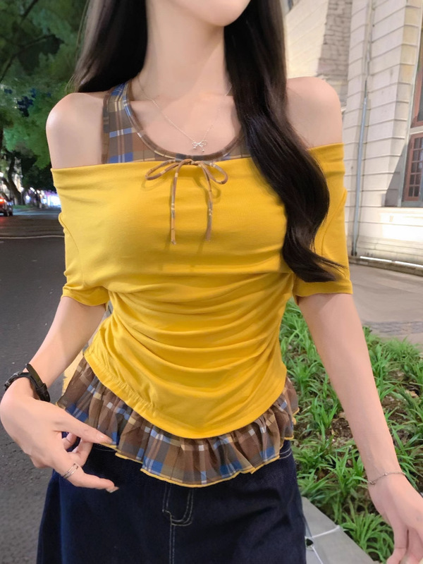 ホットガールイエローホルターネックフェイクツーピーススイングカラー半袖Tシャツ2025夏ウエスト痩身トップ|undefined