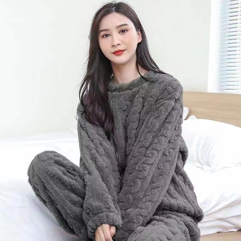 秋冬季珊瑚绒睡衣套装女加绒加厚家居服时尚可外穿法兰绒开衫睡袍|undefined
