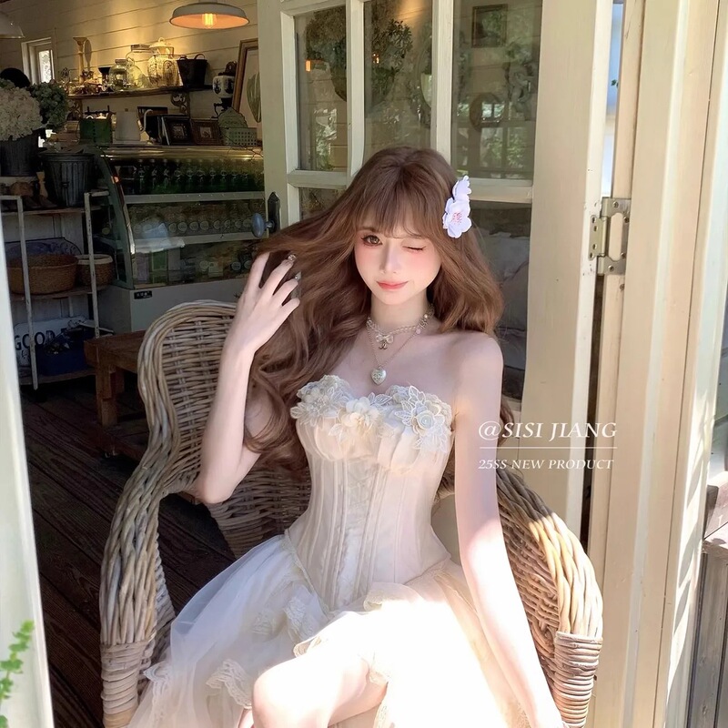 [Western Tea Party] Retro Romantic Slim Fit Fishbone Top Lace Mesh Waist Skirt Princess Style Birthday Skirt