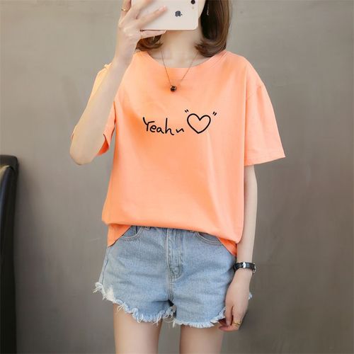 Women's Summer Round Neck Short Sleeve T-Shirt with Pure Cotton, Loose and Versatile Letter Print, Plus Size Casual Top Trendy