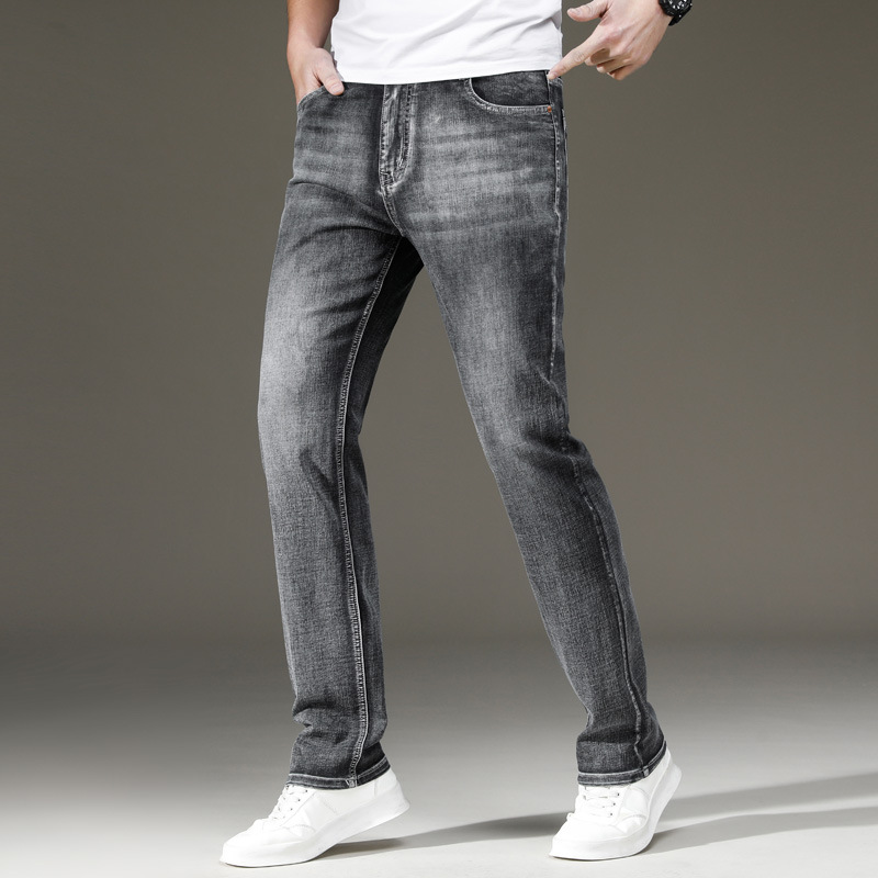 Pantalones vaqueros rectos de negocios de alta gama gris ahumado hombres de alta cintura marca de moda pantalones de mezclilla de mediana edad